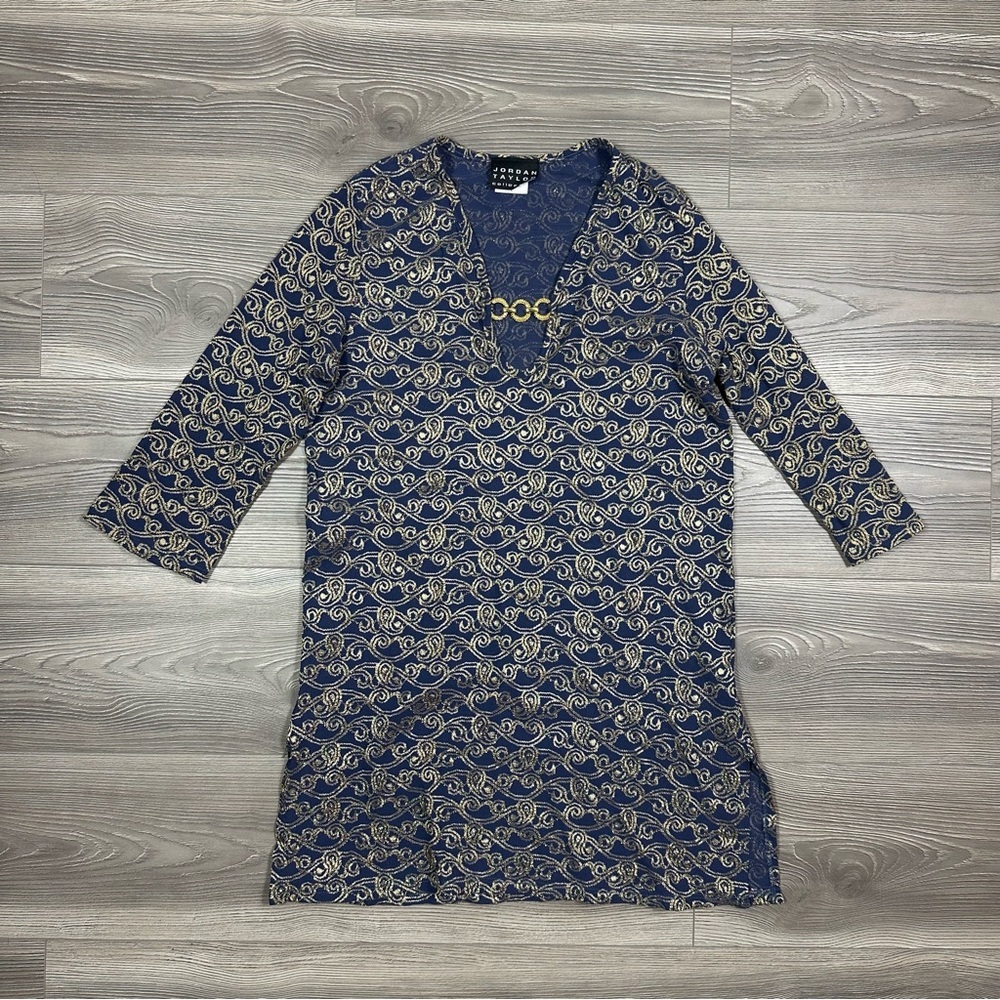 Jordan Taylor‎ Navy Mesh Dress with Gold Design and Embellishment